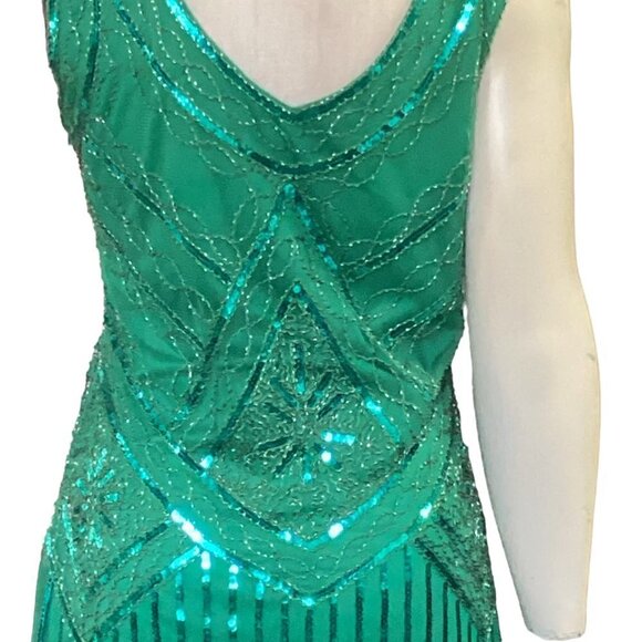 Flapper Roaring 20s Cosplay Costume Dress & Headdress Sz M Green 169C - Picture 4 of 10
